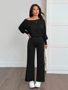 SHEIN PETITE Women's Solid Color Asymmetric Collar Casual Jumpsuit, Suitable For Petite,Fall Clothes For Women,Chic Women's Jumpsui,Elegant,Civil Wedding,Wedding Guest , Party,Home, Leisure, Comfort Upgrade,Sporty, Multifunctional - Black - View 4