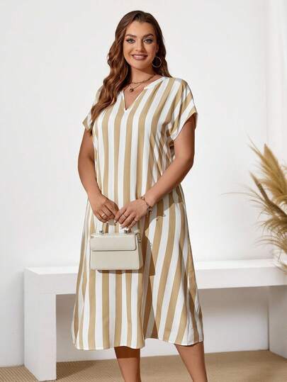 EMERY ROSE Plus Size Summer Casual Colorblock Striped Notched Neck Dress