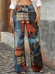 EMERY ROSE Women's Patchwork Print Loose High Waist Wide Leg Jeans - Multicolor - View 3