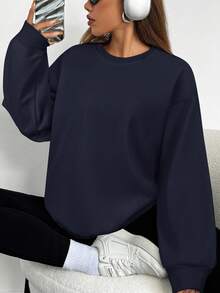 SHEIN EZwear 秋冬海军蓝针织毛绒基本款圆领运动衫 - 藏蓝色 - 查看 5