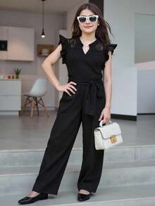 Áo sơ mi ren vá viền bèo nhún màu trơn đơn giản cho bé gái tuổi teen - màu đen - Xem 3