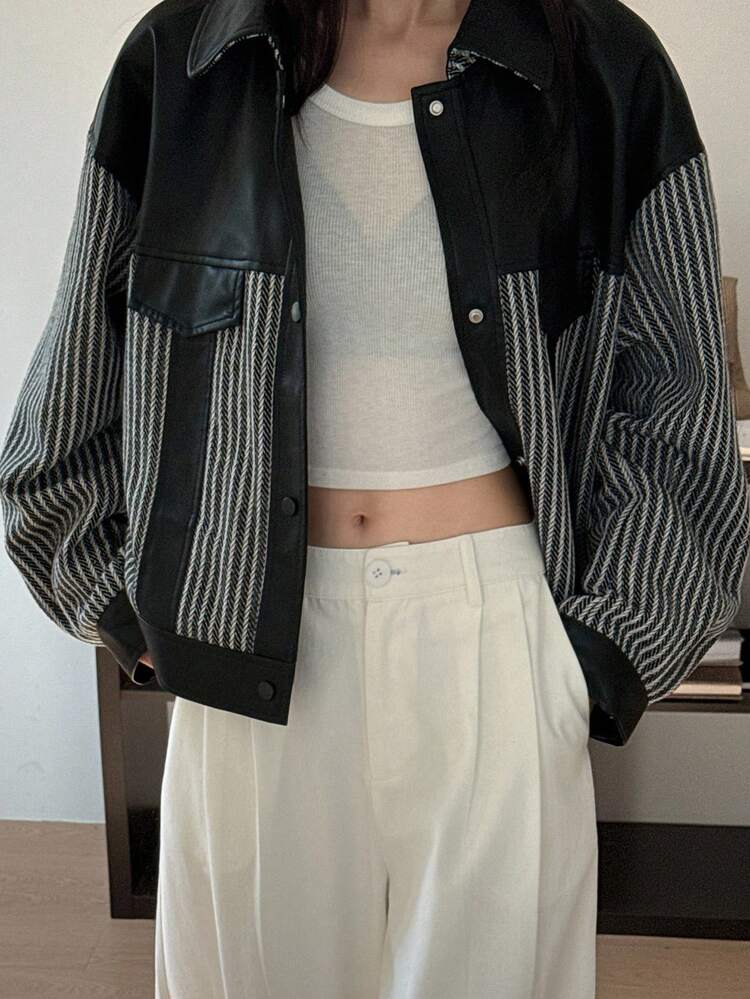 Women's PU Leather Patchwork Short Jacket, Casual & Versatile Women Coats