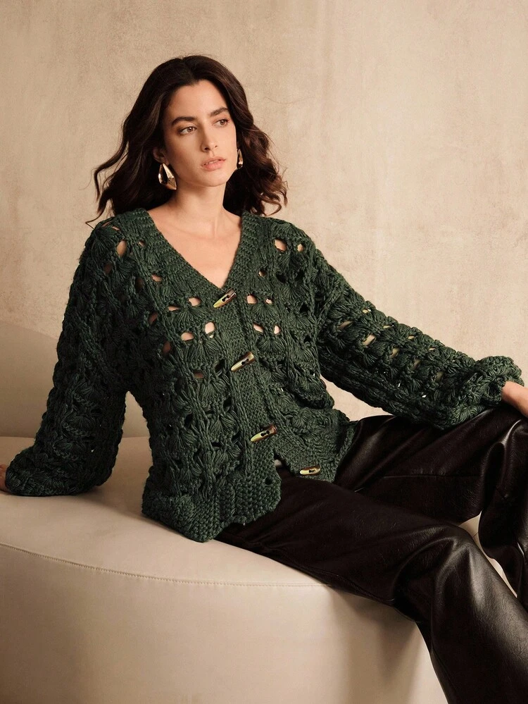 Cárdigan de punto hueco 3D, suéter tejido con hilo de Islandia, decorado con botones de cuerno para mujer, suéter de Navidad, abrigo de invierno para mujer, vestido elegante de fiesta, otoño, invierno, Año Nuevo, elegante, chic, con estilo, Navidad, salida, ropa de invierno para mujer