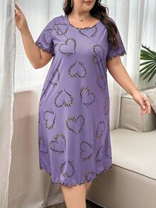 Váy ngủ ngắn tay cổ tròn viền bèo nhún dành cho nữ cỡ lớn, họa tiết da báo và trái tim, kiểu dáng Moo Moo Night Dress. - Màu tím - Xem 5