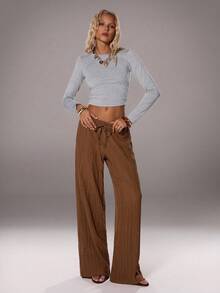 SHEIN Unity 1pc Women's Brown Low-Waist Drawstring Pants,Hollow Knit Jacquard Design Fabric,Loose Wide-Leg Comfortable Casual Autumn,Boho,Vacation,Holiday Pants - Coffee Brown - View 7