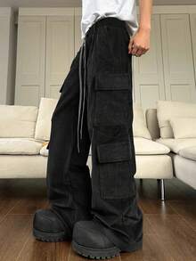Claim Dot Manfinity Streetrush Men's Black Corduroy Pants,Loose Fit Cargo Straight Leg Trousers,Autumn Streetwear Work Warm Winter Christmas Fashion - Black - View 4