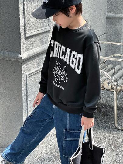 SHEIN Mirajuku 青少年男孩休闲运动街头图案印花圆领运动衫