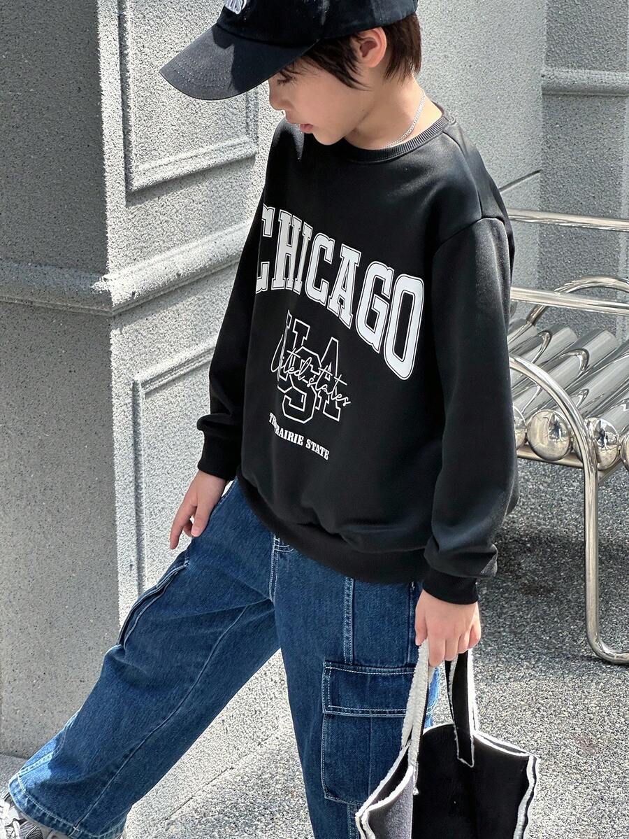 SHEIN Mirajuku Tween Boy Casual Sports Street Graphic Print Crew Neck Sweatshirt Chic Outfits For Autumn/Winter