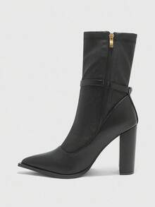 CUCCOO BIZCHIC Botas altas de tacón alto y puntera estrecha con estiramiento para uso diario - Negro - Ver 9