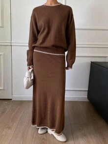 DAZY 2件套女士秋季蕾丝刺绣宽松毛衣和裙子套装 - 棕色 - 查看 3