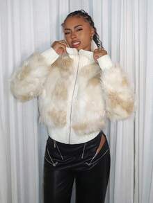 Y2K Amplova White Women Versatile High Collar, Long Sleeves, Slim Waist, Asymmetrical Long Hair Zip Up Fake Fur Coat Y2k Faux Fur Coat Faux Fur Jacket Y2k Jacket, Suitable For School And Daily Use In Fall/Winter - Beige - View 1