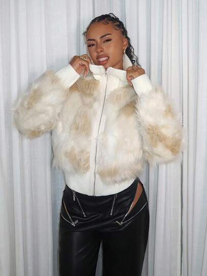  Y2K Amplova White Women Versatile High Collar, Long Sleeves, Slim Waist, Asymmetrical Long Hair Zip Up Fake Fur Coat Y2k Faux Fur Coat Faux Fur Jacket Y2k Jacket, Suitable For School And Daily Use In Fall/Winter