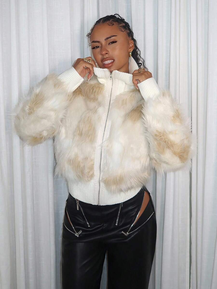 Y2K Amplova White Women Versatile High Collar, Long Sleeves, Slim Waist, Asymmetrical Long Hair Zip Up Fake Fur Coat Y2k Faux Fur Coat Faux Fur Jacket Y2k Jacket, Suitable For School And Daily Use In Fall/Winter - Beige - View 1