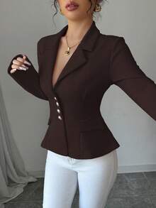 Elenzga Women's Pink Fitted Shirt With Faux Pockets And Collar - Coffee Brown - View 3