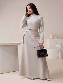 Veilorie Bộ 2 món áo sơ mi xẻ tà màu trơn thanh lịch dành cho nữ đi làm và chân váy dài - Màu Xám nhạt - Xem 3