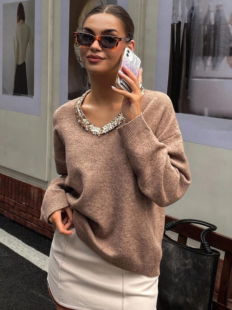 Women's Casual Sequin Patchwork V-Neck Loose Sweater, Autumn