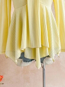 Soleia Plus Size Women's Vacation Yellow Flared Long Sleeve Layered Hem T-Shirt - Yellow - View 6