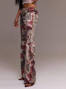 MUSERA Fitted Asymmetric Waist Low Rise Print Flare Jeans Cool Girl, , Going Out, Sexy, Crimson Winter   Chic Spring Summer - Multicolor - View 2