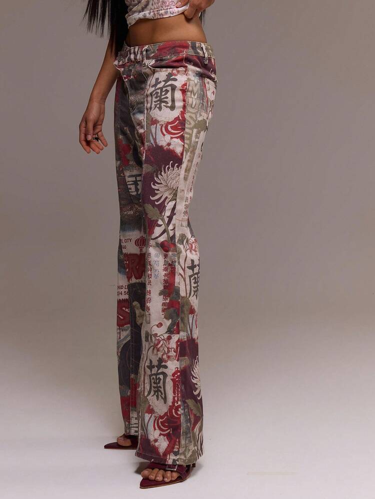 MUSERA 修身不对称低腰印花喇叭牛仔裤，酷女孩必备，适合外出、性感、秋冬春夏穿着。 - 彩色 - 查看 2