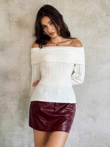 SHEIN Unity 女式纯色罗纹休闲意式长袖毛衣上衣，秋冬 - 杏色 - 查看 5