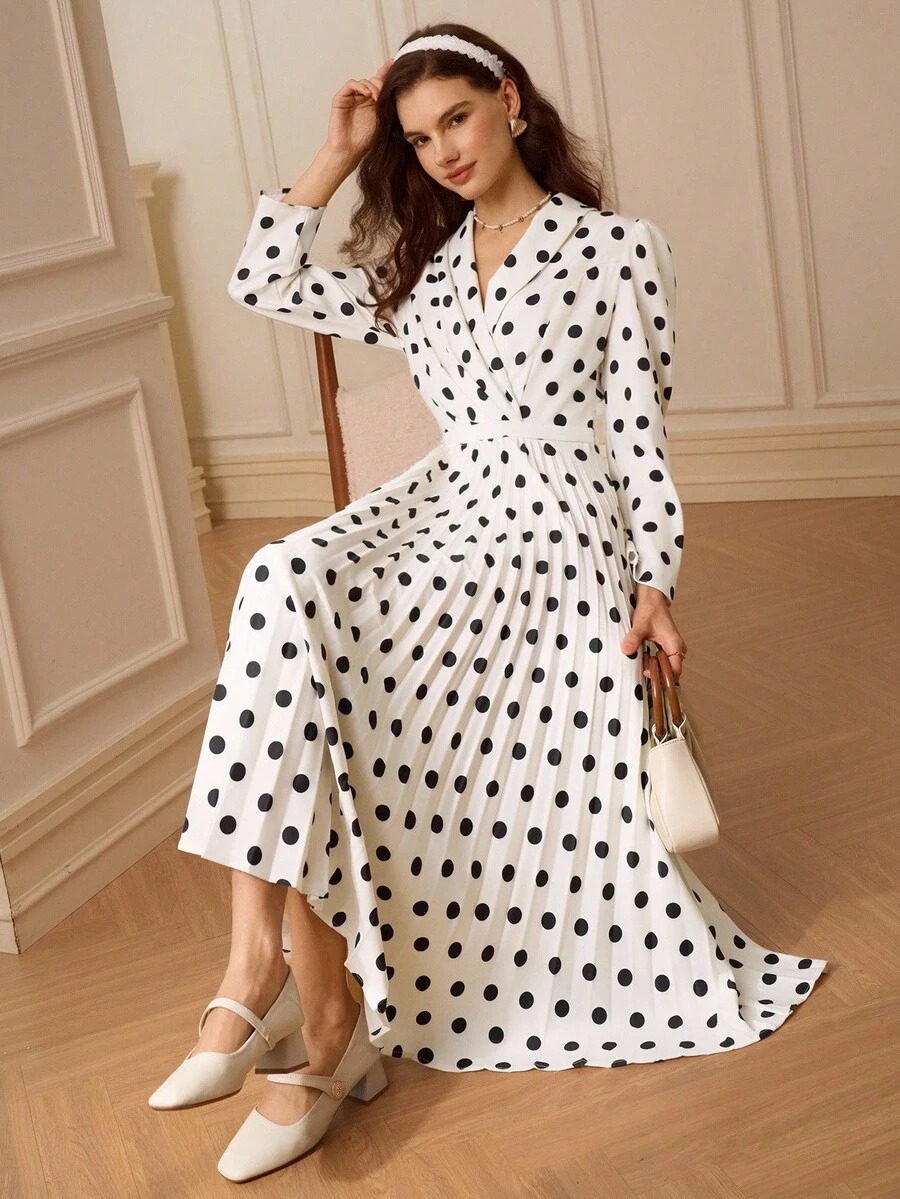 Penseblé Ladies Polka Dot Dress V-Neck Pleated Skirt - Multicolor - View 1