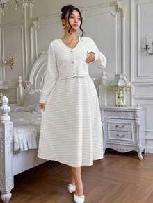 Roveilla Plus Size Women Tweed Vest Dress & Jacket 2 Pieces Set - White - View 7