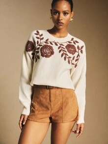 Poéselle Casual Retro Round Neck Long Sleeve Women Sweater In Fall/Winter,Cozy Fall And Winter Clothes For Women - Beige - View 5