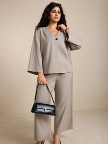 Elaquor مجموعة كاجوال مكونة من قطعتين للمرأة البدينة، بلوزة + بنطلون، لون أحادي، قصة فضفاضة، مناسبة لجميع المواسم