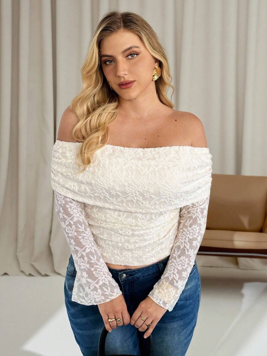 Auralis Áo ren trễ vai thoải mái, thanh lịch, co giãn tốt, thích hợp mặc hàng ngày cho nữ, phù hợp cho mùa xuân và mùa thu. Áo này thích hợp để đi chơi, mặc vào mùa thu, hoặc dự tiệc trưa. - Màu be - Xem 1