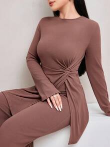 Veilorie 1 件女式不对称扭纹长袖羊毛 T 恤 - 咖啡棕 - 查看 7