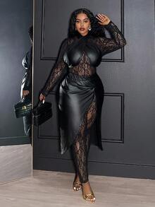 Slaydiva Lễ hội âm nhạc mùa xuân, hè, thu, đông, Lễ Phục sinh, phong cách miền Tây, tiệc sinh nhật kiểu du mục, thường ngày, kỳ nghỉ, du lịch biển, bãi biển, tắm nắng, gây sốt trên mạng, bộ jumpsuit ren xuyên thấu xẻ cao màu đen gợi cảm, chân váy và áo PU xoắn ngoài, bộ 2 món cỡ lớn, váy Halloween cỡ lớn màu đen xuyên thấu, váy giả da Ghostface, váy xuyên thấu cỡ lớn bằng da. - màu đen - Xem 8