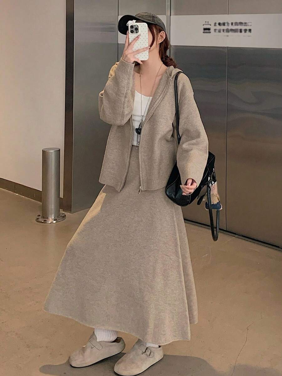 DAZY Women's Solid Color Drop Shoulder Long Sleeve Zip Front Hooded Cardigan And Knit Skirt Casual 2 Pieces Set, Autumn - Khaki - View 1