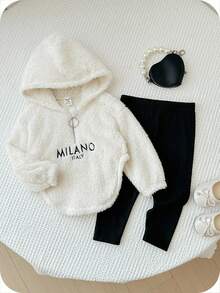 SHEIN Baby Girl Cute Thermal Lined Long Sleeve Letter Print Hooded Sweatshirt And Knit Leggings Set, Fashion Minimalist Italy Milano Letter Print, Soft & Comfortable All-Match Outfit Suitable For Autumn & Winter Long Sleeve Tops Baby Hoodie Fall - Beige - View 5