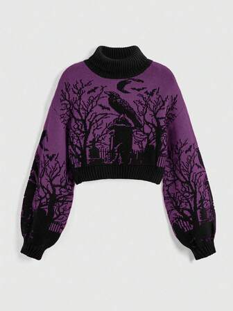 Gothic Dark High Neck Warm Raven Graveyard Moon Bat Branch Jacquard Black Lantern Sleeve Women Sweater
