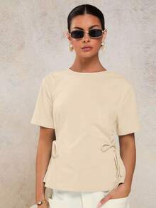 COSMINA Damen Lässig Seitenbindung einfarbiges Kurzarm T-Shirt, Sommer - Aprikosenfarben - Übersicht 5