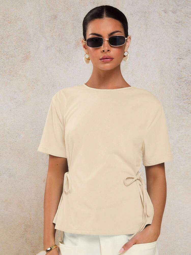 COSMINA 女士休闲侧系带纯色短袖 T 恤，夏季 - 杏色 - 查看 5