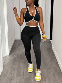 Slaydiva Women Solid Color Splicing Sleeveless Simple Top And Long Pants Yoga Color Blocking Sports Suit Workout Women Set Women Leggings Set Gym Women Outfit - Black - View 6
