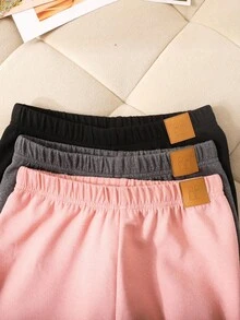 SHEIN 3 件 Tween 女童百搭休闲保暖内衬罗纹仿皮贴片字母打底裤套装，黑色/灰色/粉色，舒适基本百搭打底裤 3 件套 - 彩色 - 查看 3