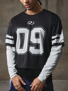 AXEPEAK Men's Contrast Color Print Crew Neck Long Sleeve T-Shirt, Fall, Winter - Black and White - View 1