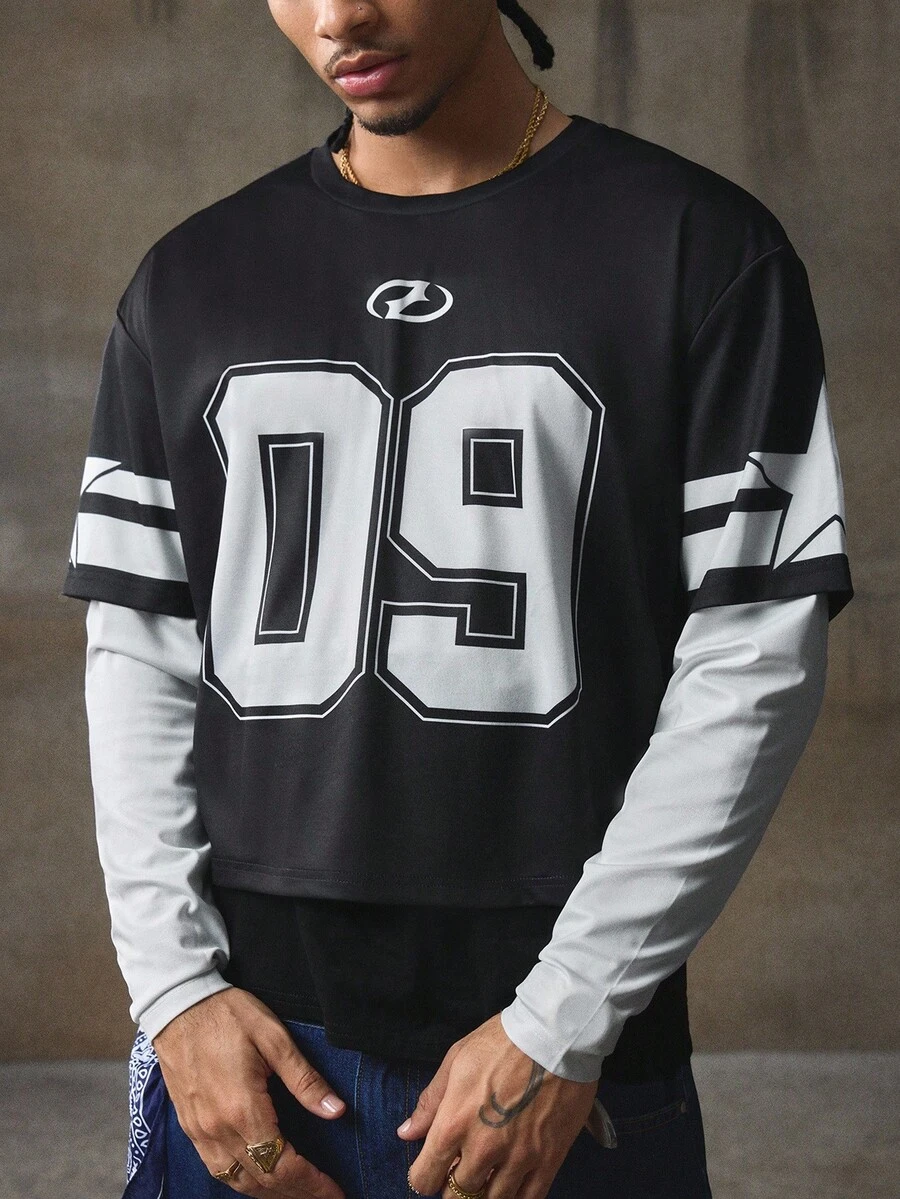 AXEPEAK Men's Contrast Color Print Crew Neck Long Sleeve T-Shirt, Fall, Winter - Black and White - View 1