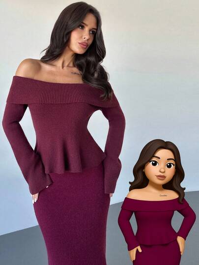 Firerie 女士优雅简约时尚日常通勤新款露肩收腰 A 字喇叭袖梅紫色毛衣，秋冬