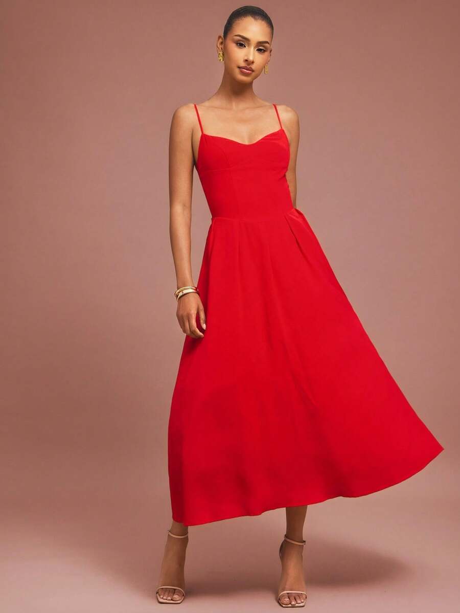 L'Amorae 女士修身喇叭中长连衣裙德比装 - 紅色 - 查看 1