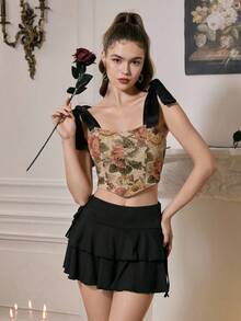 SHEIN MOD Women Floral Jacquard Asymmetric Hem Camisole And Ruffle Hem Mini Skirt 2 Pieces Set, Fashion,Fall Clothes For Women,Corset & Ruffled Shirt Set,