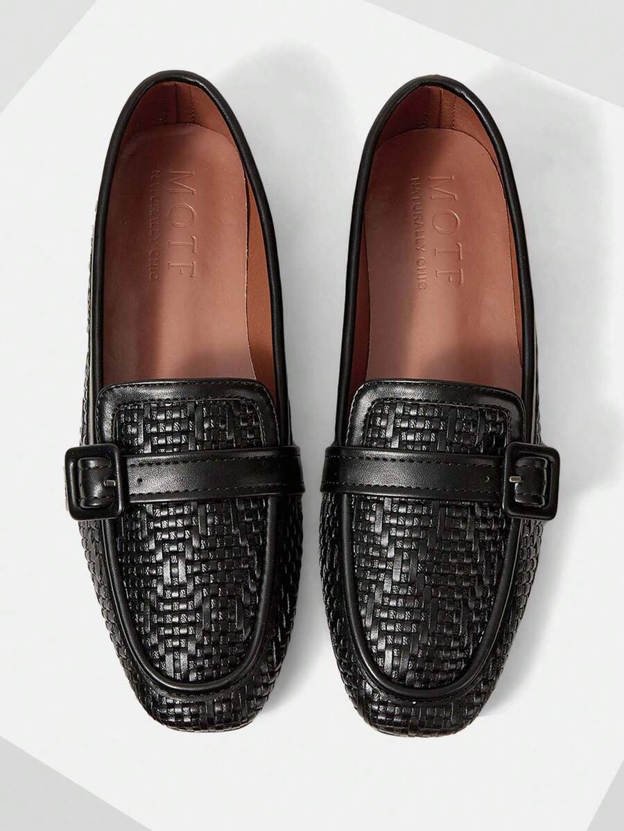 MOTF 女士复古乐福鞋一脚蹬休闲舒适简约优雅方头平底鞋，秋冬 - 黑色 - 查看 2