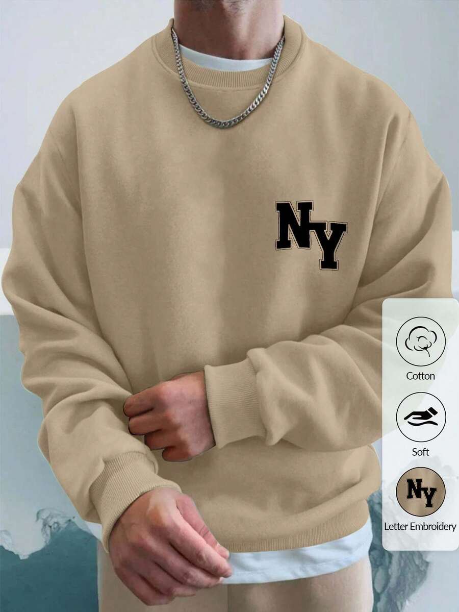 EURMUSE Cotton Men Letter Graphic Drop Shoulder Sweatshirt Without Tee - Beige - View 1