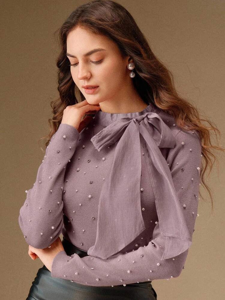 新作タートルネック長袖Tシャツ、フィッティングスウィートシフォンタイデザイン、クリスマス、感謝祭、結婚式ゲストドレス、スパンコールトップ用の女性の長袖セーター