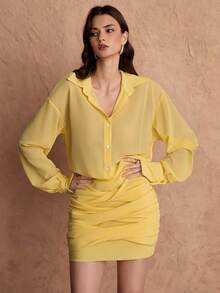Chiquease 休闲褶皱长袖黄色连衣裙 - 黃色 - 查看 5