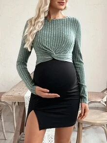 SHEIN Bộ 2 áo thun trơn cổ tròn tay dài phối gân và đầm không tay cho bà bầu, thường ngày - Nhiều màu - Xem 1