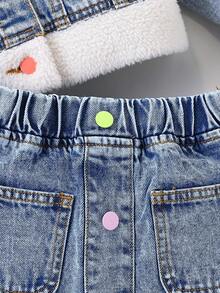 SHEIN 1 Set Girls Denim Outfit,New Autumn/Winter Collection,Light Blue Denim,Casual Style,Multi-Color Buttons,Furry Collar&Cuffs,Fitted,Back-To-School New - Light Wash - View 6
