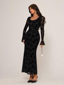 Rafferiza 女士优雅花卉印花长袖连衣裙 - 黑色 - 查看 5